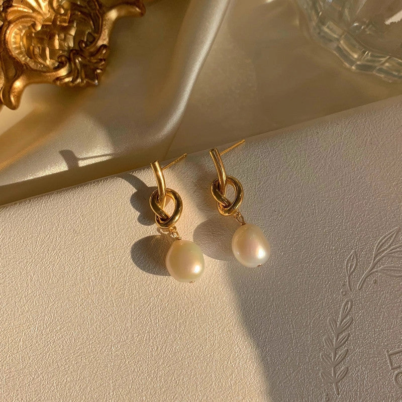 Baroque Pearl Love Knot Drop Earrings