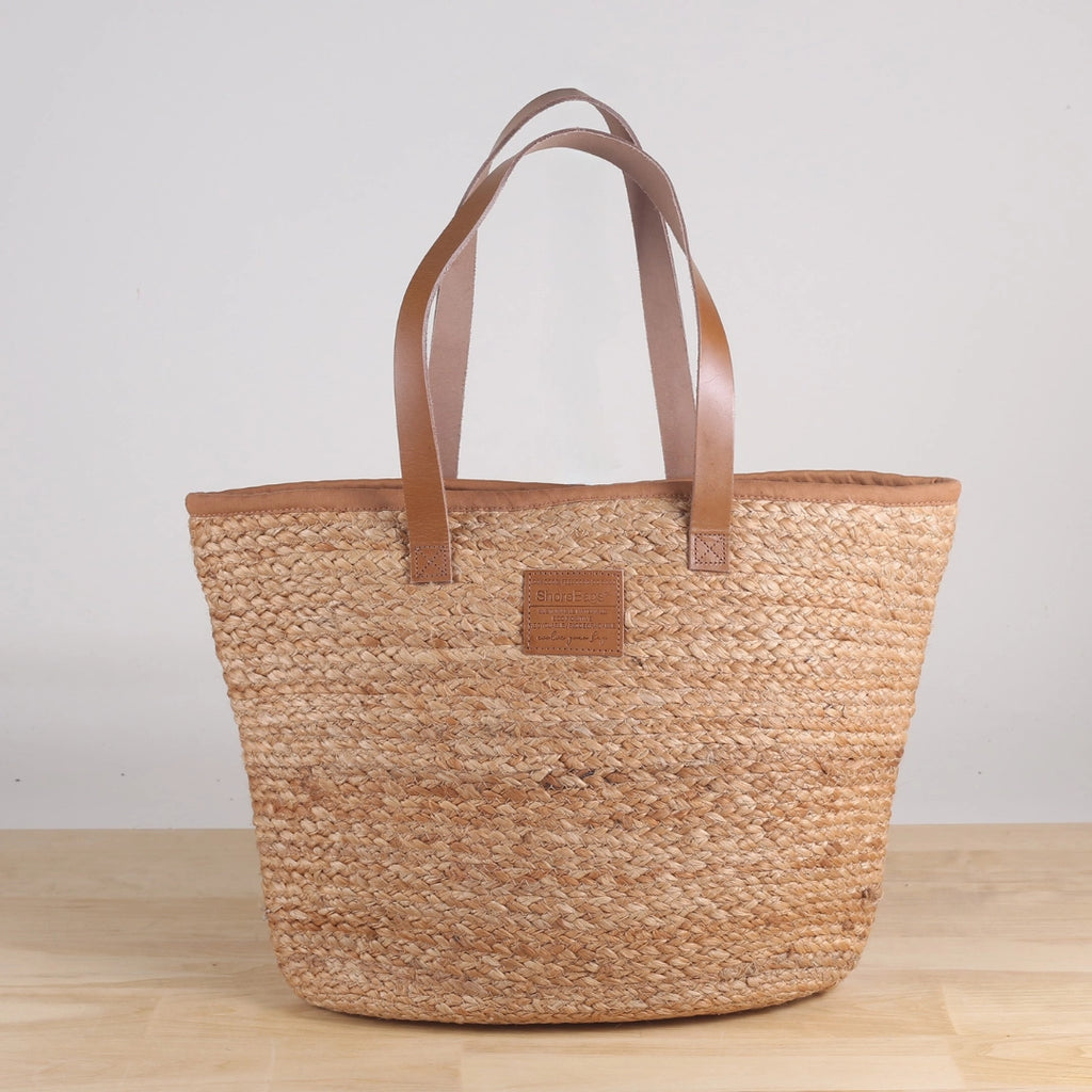 Jute Grass Natural Tote with Leather Handles